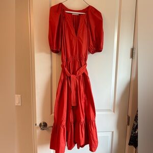 Ulla Johnson 100% cotton orange puff sleeve tiered midi dress